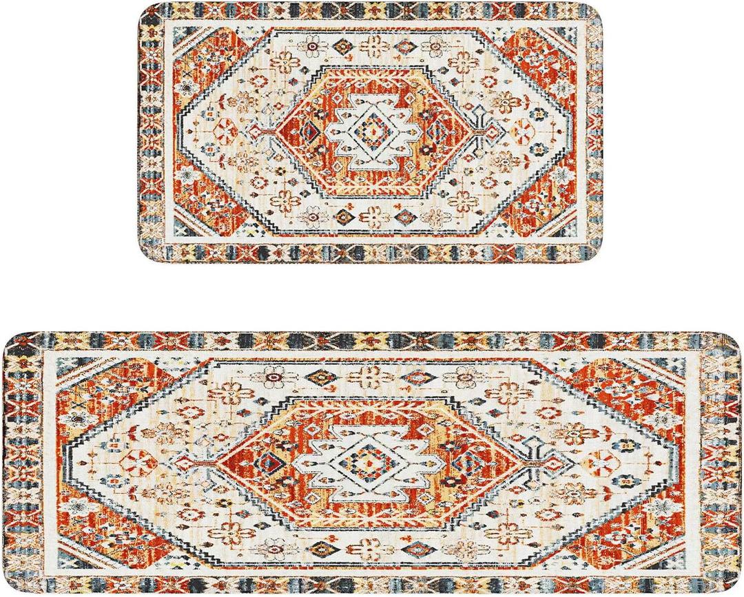 Boho Kitchen Rug Rectangle Yellow, 2 Pack Non Slip Washable Farmhouse Style Kitchen Rugs  (17"x47" and 17"x30")