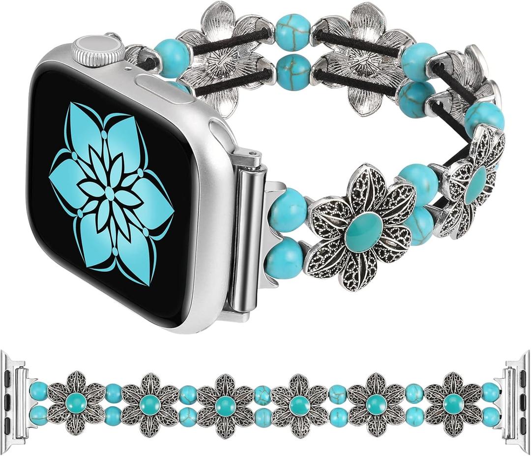 Wearlizer Compatible with Apple Watch Band 38/40/41/42/44/45/49mm Women, Boho Handmade Turquoise Beaded Elastic Stretch Bracelet For iWatch Series 11 10 9 8 7 6 5 4 3 SE/Ultra 3 2 1
