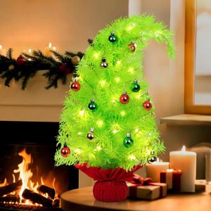 2 FT Gringchs Christmas Tree Decorations, Bendable Lime Green Table Top Christmas Tree with Mini Ball Ornaments, Artificial Whimsical Decor for Home Office Holiday Party