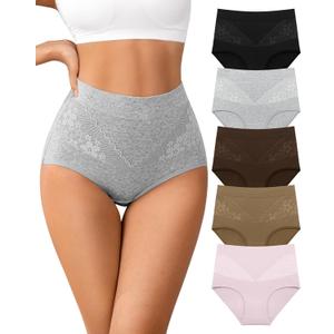 High Waisted Underwear for Womens Cotton Tagless Soft Ladies Panties Full Coverage Slight Tummy Control Briefs 5 Pack (Large)