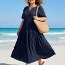 OLRIK Plus Size Maxi Dresses for Curvy Women - Flowy Boho Summer Dress with Pockets, V-Neck Short Sleeve for Beach Vacation (Blue, XXL)