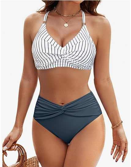 Blooming Jelly Women's High Waisted Bikini Sets Matel Tummy Control Swimsuits V Neck Twist Front Bathing Suit  (Medium, Stripe Blue)