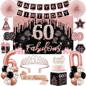 60th Birthday Decorations for Women,32PCS 60th Birthday Party Decorations,Including Backdrop, Crown, Sash, banner, Hanging Swirl,Cake Topper,balloons,Paper Fans,Anniversary Card and paper fans