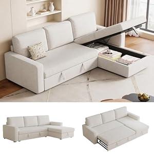 FAVSH 81.5" Convertible L Shaped Sleeper Sofa Bed with Storage Chaise, 3-Seat Pull Out Sectional Couch & Removable Cushions, Chenille Fabric for Small Apartment, Living Room, Beige