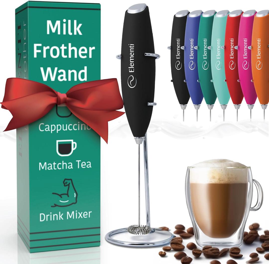 Elementi Milk Frother Wand & Drink Mixer with Stand - Powerful Coffee Frother Handheld Coffee Mixer Wand - Hand Held Milk Foamer to Make Perfect Cappuccinos, Lattes & Drink Mixes at Home (Black) (Handheld Milk Frother)