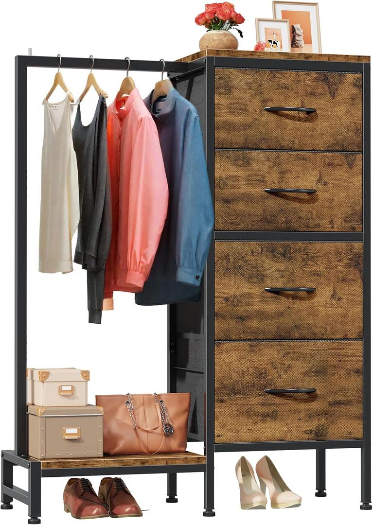 HIGDBFE Dresser with Hanging Rack, 4 Drawers Small Closet for Bedroom, Reversible Fabric Kids Chest of Drawers with Clothes Rack, Tall Storage Tower, Sturdy Frame, Rustic Brown, 44''H, 12"D x 30"W x 44"H