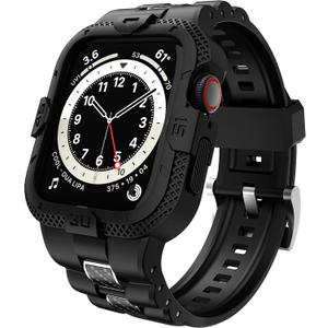 GELISHI Bands Compatible for Apple Watch Band 46mm 45mm 44mm 42mm, Men Sport Rugged Band with Protective Case for Watch Series 11 10 9 8 7/ SE 3/2/1/ Series 6 5 4 3 (Carbon Fiber/Black)