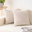 Pack of 2 Corduroy Decorative Throw Pillow Covers 18x18 InchSoft Boho Striped Pillow Covers Modern Farmhouse Home Decor for Sofa Living Room Couch BedCream White