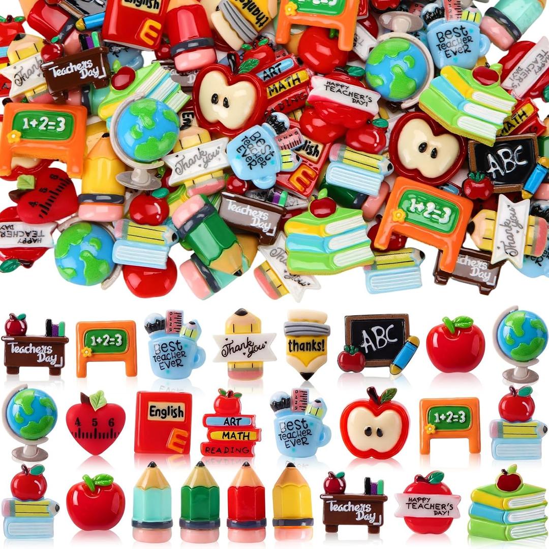 Giegxin 40 Pcs Teacher's Day Resin Charm Pencil Book Blackboard Flatback Cabochon Accessories Cute Embellishments Bulk for Jewelry Cellphone Case Scrapbooking Headband Photo Frame DIY Craft Making