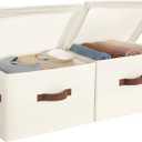 StorageWorks Fabric Storage Bins with Lid, Decorative Storage Boxes for Shelves, Stackable Closet Organizer Basket with Handles, Large, Ivory White, 2-Pack