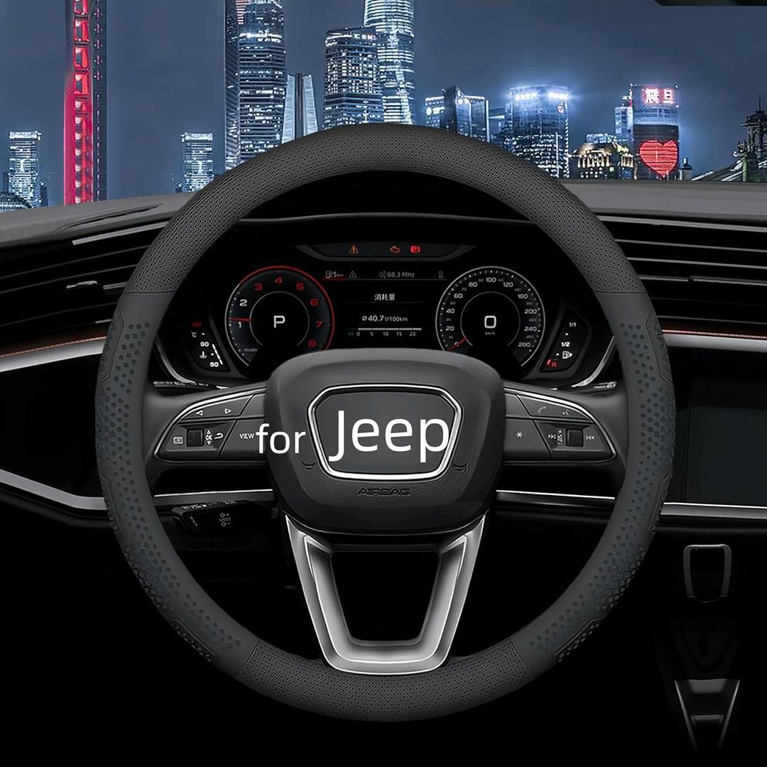 Leather Steering Wheel Cover for Jeep Wrangler Grand Cherokee Compass, 14.5-15 inches Car Steering Wheel Cover with Non-Slip Breathable (Black)
