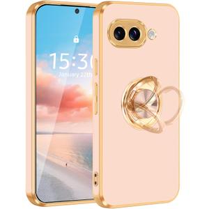 2 x Fingic Compatible with Google Pixel 9a 360 Rotatable Ring Holder Stand | Plating Gold Edge Magnetic Stand Slim Soft TPU Shockproof Protective Phone Case for Women for Pixel 9a (6.3"2025),Rose Gold