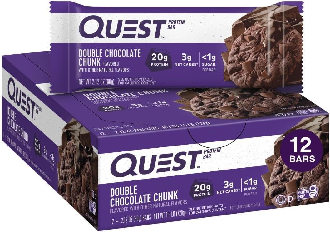 Quest Nutrition Double Chocolate Chunk Protein Bars, 20g Protein Bars, 1g Sugar, 4g Net Carb, Gluten Free, Keto Friendly, 12 Count (EXP 08/29/26)