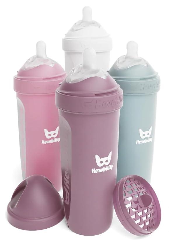 Herobility Double Anti-Colic Baby Bottles  12 fl oz/340ml  4-Pack  Multicolor  White, Gray, Pink, Hawthorn Rose