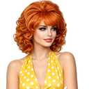 Rugelyss Vintage Short Beehive Orange Red Wig with Bangs Curly Wavy Heat Resistant Synthetic Hair Wigs for Women fits 70s 80s Costume or Halloween and Party