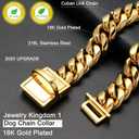 Jewelry Kingdom 1 Gold Dog Chain Collar with Dog ID Tag 18K Metal Stainles Steel Cuban Link Chain Strong Heavy Duty Chew Proof Walking Training Chain Collar (15MM, 14")