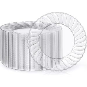 FOCUSLINE 100 Count Clear Plastic Plates 9 Inch, Disposable Heavy Duty Dinner Plates- Premium Hard Plastic Plate Fancy Disposable Clear Plates for Weddings, Parties and Events (9" Round Plates)