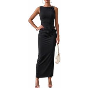 Simplee Womens Summer Bodycon Maxi Dress Ruched Sleeveless Elegant Ribbed Wedding Guest Cocktail Formal Long Dresses (Black, S)