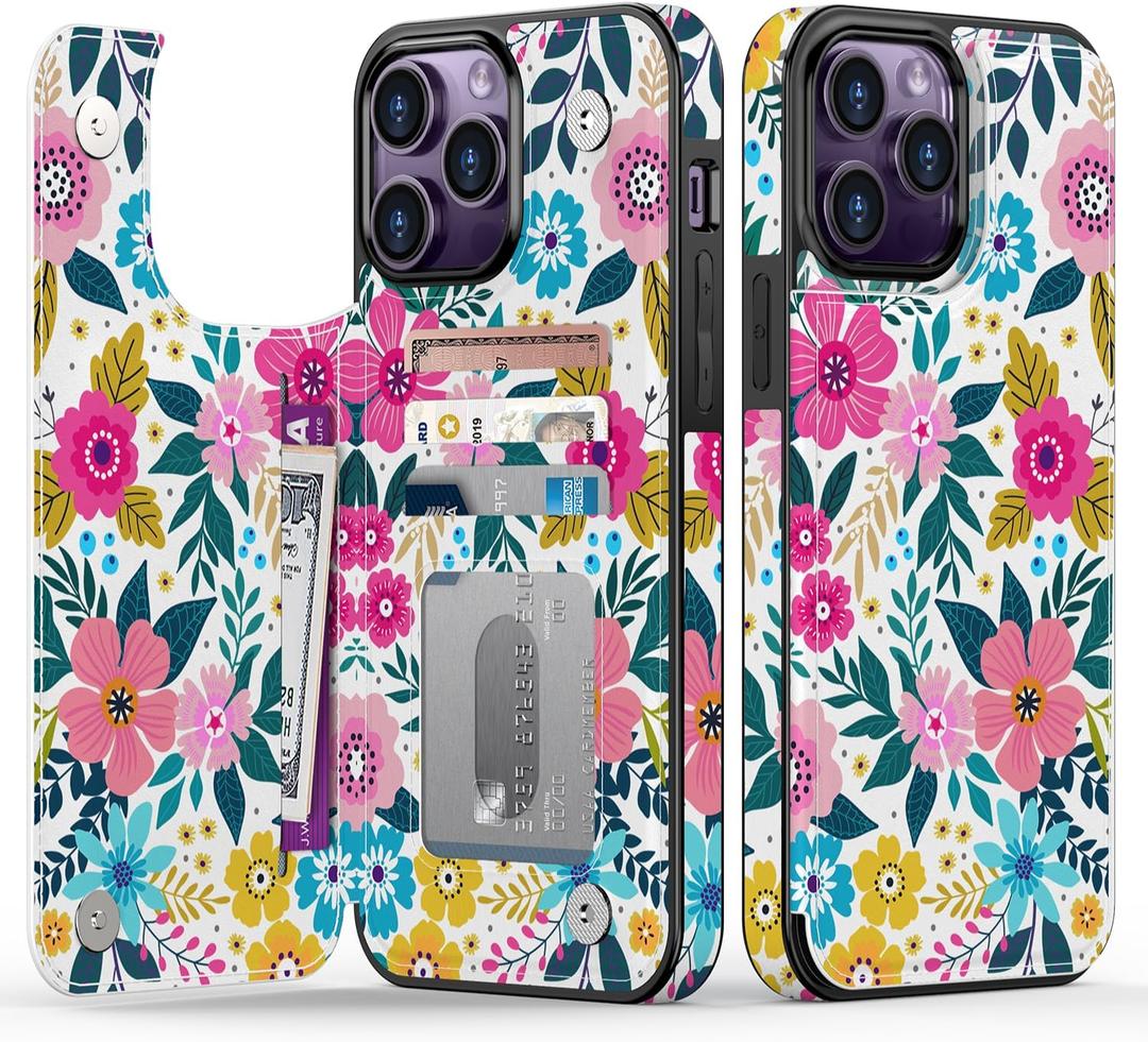 Goodon for iPhone 13 Pro Max Case Wallet - Flip Folio Leather Cover with Trendy Floral Design, 4 Card Slots & Kickstand Function, Protective Phone Case for Women and Girls - Blooming Flowers