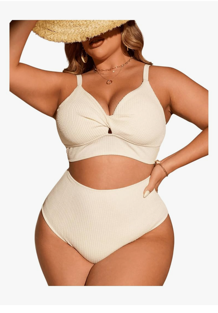 OYOANGLE Women's Plus Size Swimsuits 2 Piece Textured Twist Ruched Bathing Suit High Waisted Bikini Sets, Size -2XL