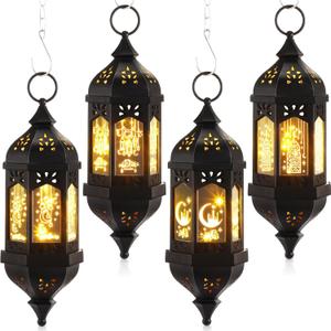 Threan 4 Pcs Ramadan Lantern Hanging Hexagon Decorations Ramadan Mubarak Lantern LED Eid Mubarak Lights Kids Gifts for Home Muslim Islam Festival Porch Decor(Black)