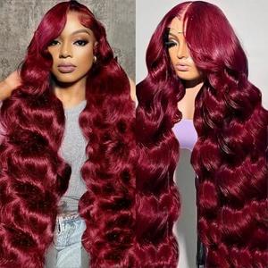 Exquelin Burgundy Wig Human Hair 13x6 HD Transparent Lace Body 99J Red Human Hair Wig Colored Reddish Brown Lace Frontal Wigs 180% Density Pre Plucked 30 inch