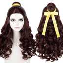 Brown Long Curly Wigs with Ponytail Cosplay Costume Wave Wig Yellow Ribbon Halloween Cosplay + Cap