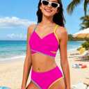 Girls Swimsuit Color Block Criss Cross V-Neck Contrast Trim Geometric Pattern Two Piece Girls Bikini Set (Pink, XS)