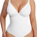 FeelinGirl Shapewear Bodysuits for Women Tummy Control Body Suits Deep V Neck Thong Body Shaper (White, M)