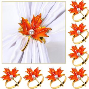 AnyDesign 8Pcs Maple Leaves Napkin Ring Holders Fall Thanksgiving Napkin Rings Metal Autumn Leaf Napkin Buckle with Faux Pearl Dinner Table Rings for Party Family Gathering Wedding Table Decor