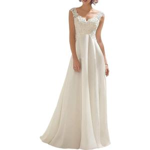 Abaowedding Women's Wedding Dress Lace Double V-Neck Sleeveless Evening Dress Ivory US 2