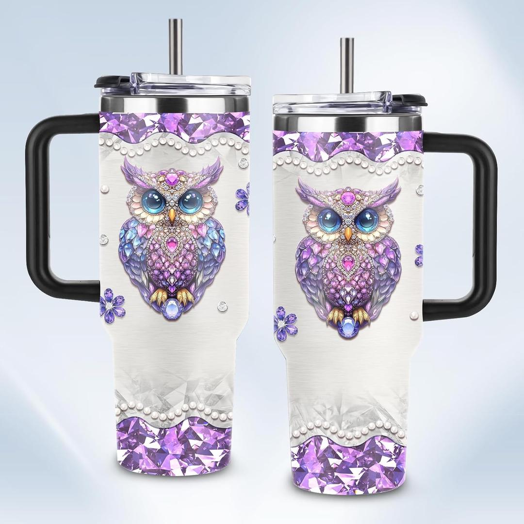 Owl Gifts for Women Cups Tumbler with Handle 40oz Unique Stainless Steel Insulated Owl Water Cups, Christmas Birthday Gifts for Women Girl Mom Owls Lovers Purple Diamond Owls Coffee Mug