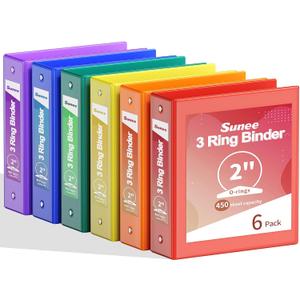 SUNEE 2 Inch Binders 3 Ring 6 Pack, Clear View Three Ring 2" Binders PVC-Free (Fit 8.5x11 Inches) for School or Office Supplies, Classic 6 Colors