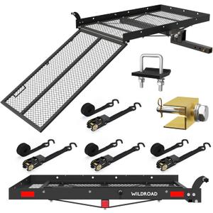 WILDROAD Hitch Cargo Carrier with Ramp 50" x 29" x 4" 500 LBS Folding Trailer Hitch Cargo Carrier Fits 2" Receiver with Hitch Stabilizer and 4pcs Ratchet Straps