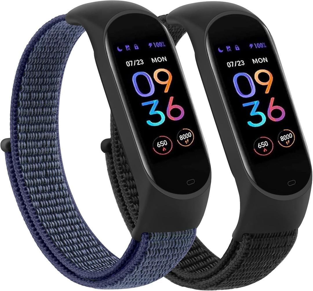 Wanme Nylon Bands for Amazfit Band 5 Replacement Strap Women Men, 2 Pack Soft Nylon Sport Strap Compatible with Amazfit Band 5 Wristband Watchband Accessories (Black+Dark Blue)