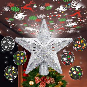 Christmas Tree Topper Lighted with 6 Pattern Projection Modes, Christmas Star Tree Topper Built-in LED Rotating Lights, Silver 3D Glitter Dynamic Projector for Christmas Decorations