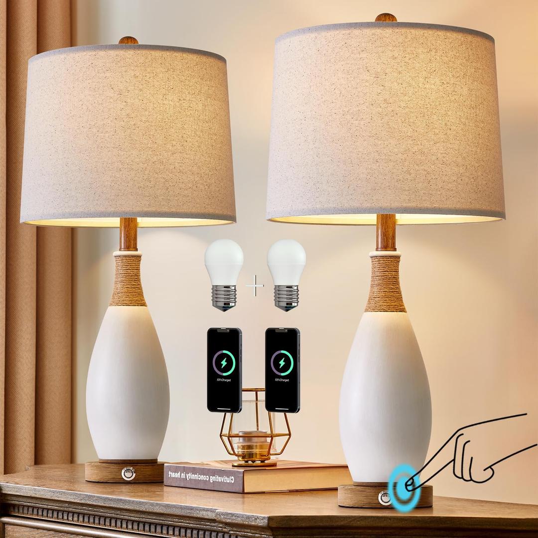 OYEARS 24.5 3-Way Dimmable Touch Control Bedside Table Lamp Set of 2 with USB and Type-C Charging Ports Modern Farmhouse Nightstand Lamp for Bedroom Living Room (Bulb Included)