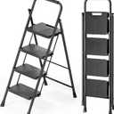 KINGRACK Folding 4 Step Ladder, Portable Ladder for Multi-Purpose, Home, Kitchen, Heavy Sturdy Steel Step Stool with Anti-Slip Wide Pedals, Handrail, Safe-Lock Design, Pass 500lbs Load Testing, Black