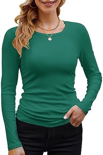 GEMBERA Womens Ribbed Long Sleeve Crewneck Casual Slim Basic Shirts Fitted Knit Tops, size large