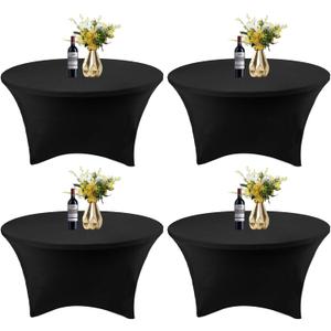 4 Pack 5FT Round Spandex Tablecloth 60 Inch Black Stretchable Table Cover Washable Wrinkle Resistant Fitted Stretch Table Cover for Party, Wedding, Birthday, Banquet Bar Events