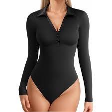 MANGOPOP Henley Bodysuit for Women Button Down Long Sleeve Tops Body Suits Dressy Blouse Casual XL