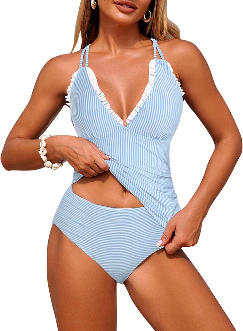 ZAFUL Womens Tankini Bathing Suits Modest Two Piece Swimsuit Smocked Push Up Slimming Tankinis with High Waisted Full Coverage Bottom Sexy Adjustable Straps Ruched Tummy Contro Swimwear Blue Striped L