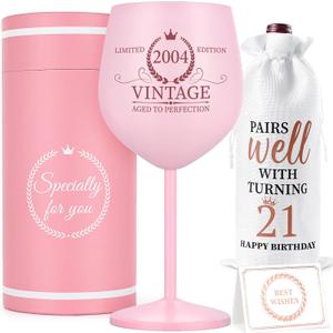 Lifecapido 21st Birthday Gifts for Her, Vintage 2004 Stainless Steel Wine Glass with Wine Bag and Card, 21 Bday Gifts, 21 Year Old Birthday Decorations for Women Daughter Sister Friends