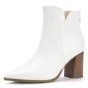 IDIFU White Ankle Boots for Women Chunky Block Short Heel Boot Comfortable Classic Pointed Toe Dress Booties Casual Dressy Fashion Side V Cutout with Zipper Fall Boots(White Pu, 5.5)