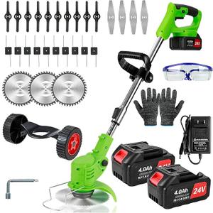 Weed Wacker Cordless,24v Electric Weed Eater Battery Powered,3 in 1 Lightweight Grass Trimmer with 2 4.0 Ah Batteries & Charger, Weed Eater with Blade & Wheels for Women,Lawn Care,Garden,Yard, Green