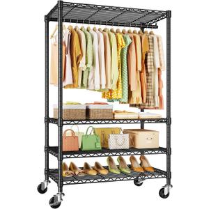 P9 Rolling Clothes Rack Heavy Duty, Clothing Racks for Hanging Clothes, 4 Tiers Garment Rack with Wheels, Metal Portable Closet Rack, 35.5" L X 15.8" W X 80.5" H, Max Load 445 LBS, Black