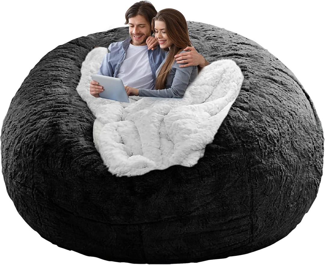 YudouTech (No Filler Bean Bag Chair Cover Without Filler,Big Round Soft Fluffy PV Velvet Washable Bean Bag Lazy Sofa Bed Cover for Adults,Living Room Bedroom Furniture Outside, 5ft Black