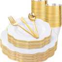 bUCLA 180PCS White and Gold Plastic Plates Disposable - White with Gold Rim Dinnerware Set Include 30 Guests Dinner & Dessert Plates, Cups, Cutlery Set for Wedding, Party & Thanksgiving Table Decor