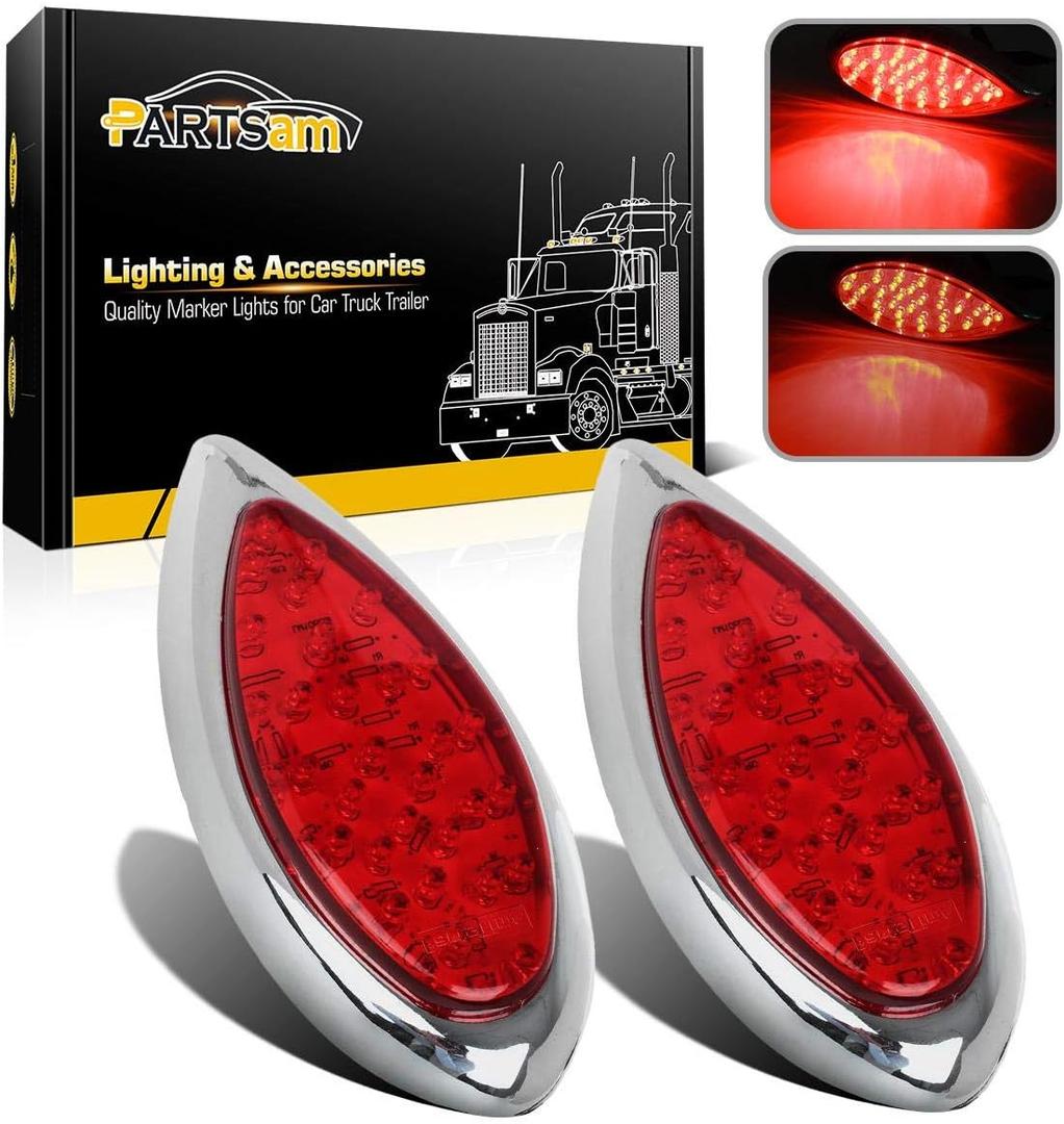 2PCS Red 35 LED Chrome Tear Drop Truck Trailer Stop Turn Brake Tail Lights Sealed w/High Low Brightness