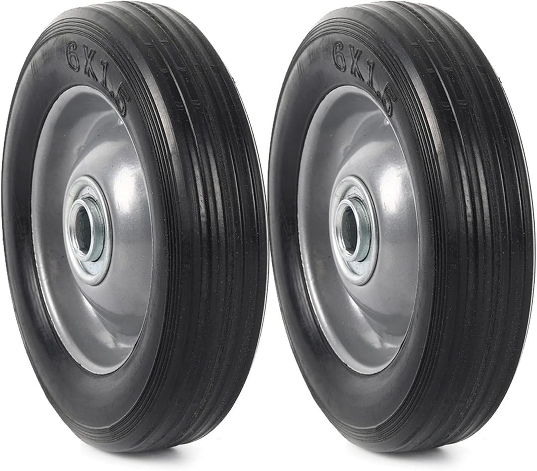 (2-Pack) AR-PRO 6 x 1.5 Flat Free Solid Rubber Wheel Assemblies - Replacement Hand Truck Wheels with Ball Bearings and 5/8 Bore Hole Diameter - Heavy-Duty Solid Rubber Wheels 132 lbs Load Capacity